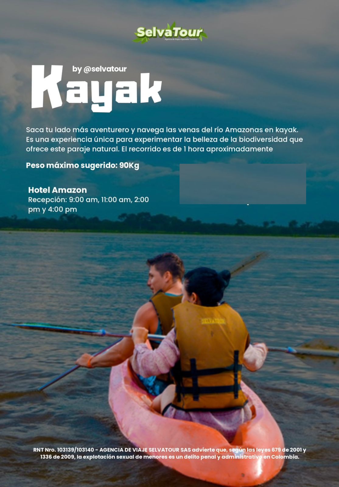 Flyer del tour de kayak por el río Amazonas